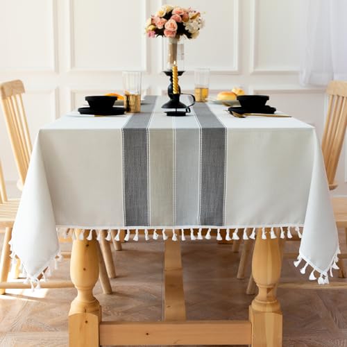 Laolitou Rustic Tablecloth Cotton Linen Waterproof Tablecloths Burlap Table Cloths for Kitchen Dining Cloth Table Cloth for Rectangle Tables Light Grey Stripes Rectangle,55"x102",8-10 Seats