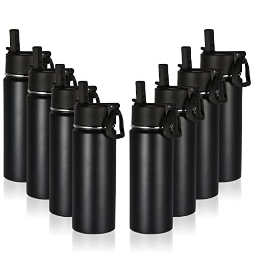 Volhoply 18oz Insulated Water Bottle Bulk 8 Pack,Kids Stainless Steel Water Bottles with Straw Lid,Wide Mouth Reusable Metal Bottle,Double Wall Vacuum Sports Flask For Cold Drink(Black,8 Set)