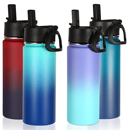 Volhoply 18oz Insulated Water Bottle Bulk 4 Pack,Kids Stainless Steel Water Bottles with Straw,Double Wall Vacuum Reusable Metal Bottle,Wide Mouth Sports Flask For Cold Drink(Assorted,4 Set)