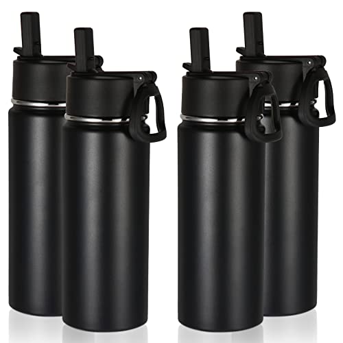 Volhoply 18oz Insulated Water Bottle Bulk 4 Pack,Kids Stainless Steel Water Bottles with Straw Lid,Double Wall Vacuum Metal Bottle,Wide Mouth Reusable Sports Flask For Cold Drink(Black,4 Set)