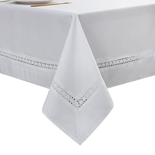EHouseHome Heavy Duty Fabric Tablecloth with White Lace-Waterproof/Wrinkle Free/Stain Resistant/Oil Proof-for Dining,Indoor&Outdoor,Wedding,Holiday,White,Rectangle 60x120Inch