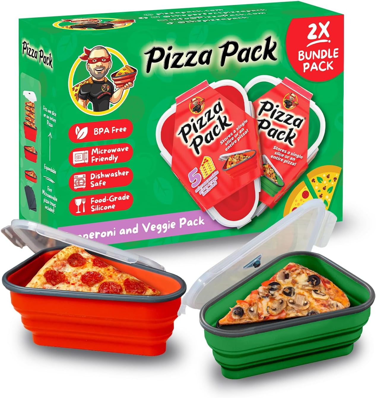 PIZZA PACK The Perfect Reusable Pizza Storage Container with 5 Microwavable Serving Trays - BPA-Free Adjustable Pizza Slice Container to Organize & Save Space, 2 Pack, Red, Green