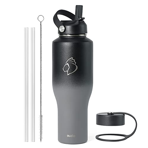 BUZIO 40 oz Insulated Water Bottle Tumbler with Straw and Lids (2 Lids), 40oz Stainless Steel Water Bottles Fits in Any Car Cup Holders, Large Capacity Metal Coldest Flask, Cupholder Friendly, Shadow