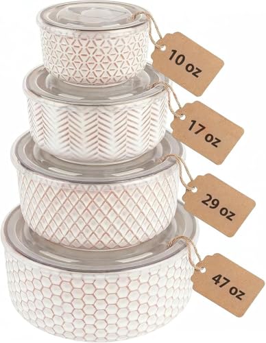 KooK Mixing Bowls, with Lids, Ceramic Nesting Bowls, Space Saving, Set of 4, Embossed, Kitchen, Prep, Stackable, Mix, Gift, Microwave and Dishwasher Safe, 10/16/29/47 oz, Narbonne Collection (Ivory)