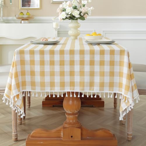 Laolitou Checkered Tablecloth Rectangle Washable Buffalo Plaid Picnic Table Cloth with Tassel Cotton Linen Gingham Table Cover for Dining Room, Yellow, Rectangle, 55''x102'', 8-10 Seats