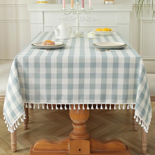 Laolitou Checkered Tablecloth Rectangle Washable Buffalo Plaid Table Cloth with Tassel Cotton Linen Gingham Table Cover for Picnic Kitchen Dining Room, Blue, 102 Inch