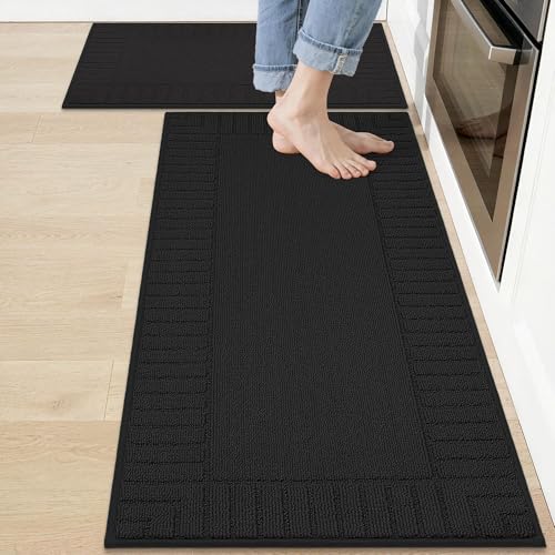 BEQHAUSE-Kitchen-Rugs-and-Mats,2 PCS Non Slip Kitchen Floor Mat,Absorbent Kitchen Mat Set Machine Washable Kitchen Runner Rug Black Kitchen Mat 20x30inch/20x48inch