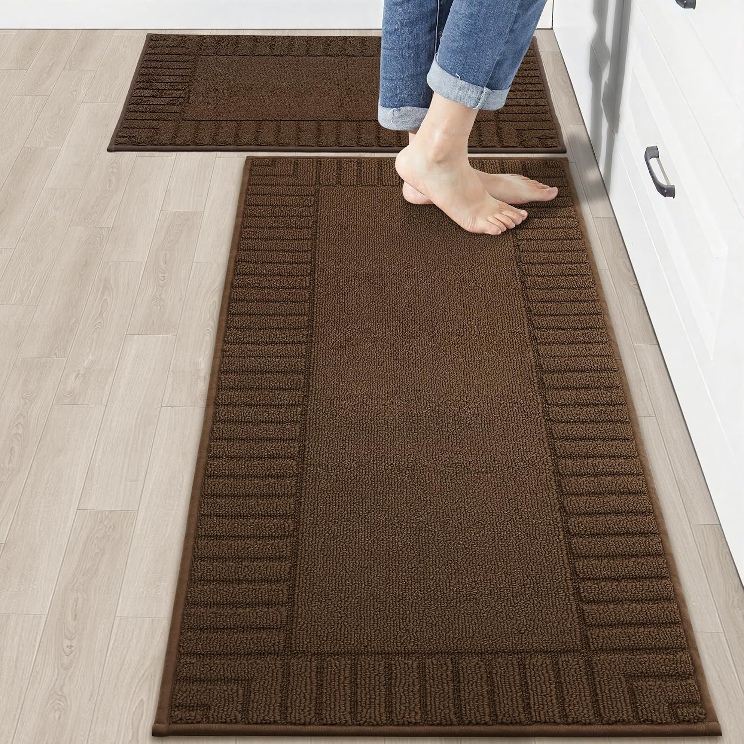 BEQHAUSE Kitchen-Rugs-Washable-Kitchen-Mats-for-Floor Non-Slip Kitchen Mats Set of 2 Absorbent Kitchen Runner Brown with TPR Backing 20x30inch/20x48inch