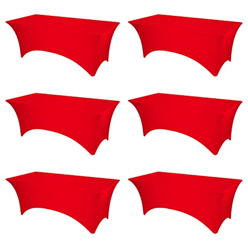 BRILLMAX 6 Pack Red Fitted Spandex Table Covers - 8ft Stretch Tablecloths for 8 Foot Rectangle Folding Cloths Rectangular Bulk Linen Fabric Elastic for Wedding Reception Banquet Birthday Party
