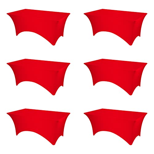 BRILLMAX 6 Pack Red Fitted Spandex Table Covers - 6ft Stretch Tablecloths for 6 Foot Rectangle Folding Cloths Rectangular Bulk Linen Fabric Elastic for Wedding Reception Banquet Birthday Party