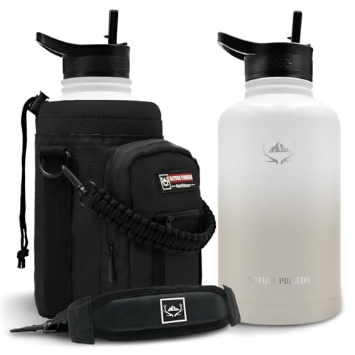 NATURE PIONEOR Insulated Water Bottles with Straw - 64oz Stainless Steel Vacuum Bottle with Holder/Carrier/Sleeve - Reusable 18/8 Food Grade Half Gallon Water Jug