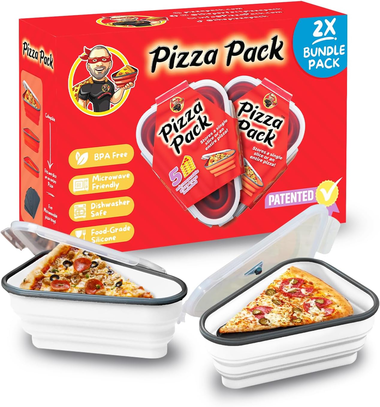 PIZZA PACK The Perfect Reusable Pizza Storage Container with 5 Microwavable Serving Trays - BPA-Free Adjustable Pizza Slice Container to Organize & Save Space, 2 Pack, White