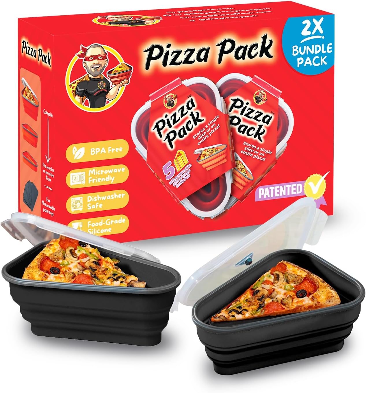 PIZZA PACK The Perfect Reusable Pizza Storage Container with 5 Microwavable Serving Trays - BPA-Free Adjustable Pizza Slice Container to Organize & Save Space, 2 Pack, Black