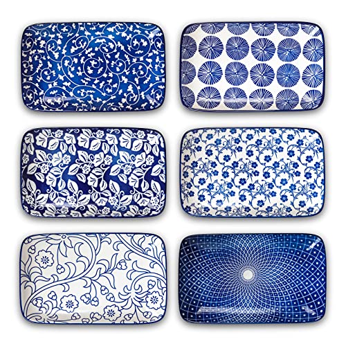 Selamica Ceramic 9.5 Inch Large Rectangular Salad Plates, Dinner Plates, Pasta Dessert Plates Serving Platters and Trays for Appetizer, Sushi, Fruit, Set of 6, Vintage Blue