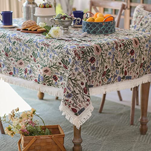 SUTAVIA French Floral Tablecloth Hand-Made Cotton Fabric with Lace Vintage Berry Garden Pattern Tabletop Sofa Cover Blanket for Home Holiday Party Decor (Red Floral, Rectangle, 120"x60")