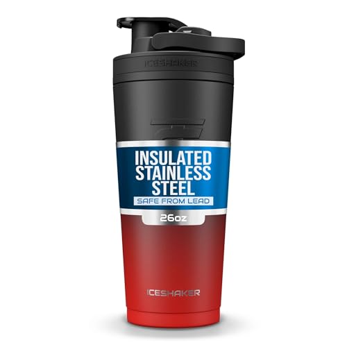 Ice Shaker Insulated Stainless Steel Shaker Bottle | 26oz, Red/black | Cold for 30+ Hours | Insulated Cup with Twist-on Agitator | Odor-Free Bottle for Protein Shakes, Water, Smoothies, Cocktails
