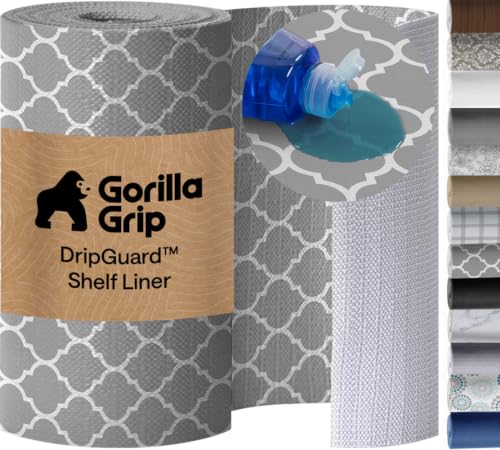GORILLA GRIP Slip Resistant Drawer and Shelf Liner 2 Pack, Non Adhesive Water Resistant, Easy Clean and Trim, Smooth Surface Liners for Kitchen Cabinet Shelves Drawers Pantry 20 IN x 20 FT, White Gray