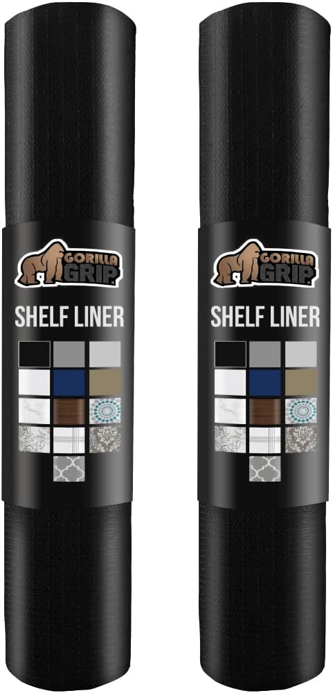 GORILLA GRIP Slip Resistant Drawer and Shelf Liner 2 Pack, Non Adhesive Water Resistant, Easy Clean and Trim, Smooth Surface Liners for Kitchen Cabinet, Shelves, Drawers, Pantry, 20 in x 20 FT, Black