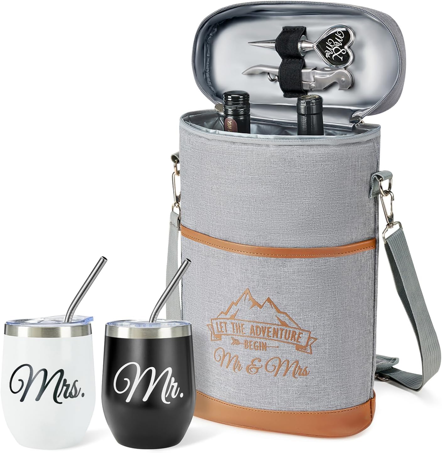 AW BRIDAL Engagement Gifts for Newlywed Couples 2025, Mr and Mrs Wine Gift Basket for Wedding Bridal Shower, Anniversary Insulated Wine Cooler Bag Tumblers with Accessorie Set for Beach Camping Travel