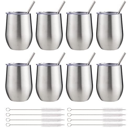 12 oz Insulated Wine Tumbler with Lid and Straw,Stainless Steel Stemless Wine Tumbler Glasses Double Wall Vacuum Wine Cups Tumbler Bulk for Coffee,Champaign,Office(Silver,8)