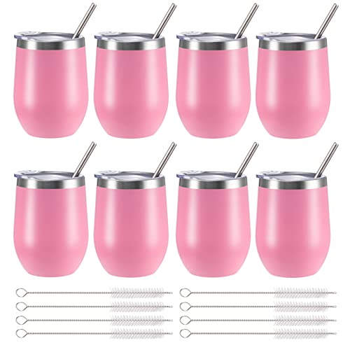 12 oz Insulated Wine Tumbler with Lid and Straw,Stainless Steel Stemless Wine Tumbler Glasses Double Wall Vacuum Wine Cups Tumbler Bulk for Coffee,Champaign,Cocktail,Office(Pink,8)