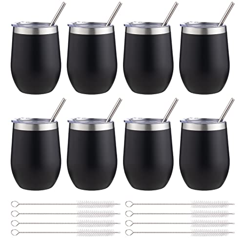12 oz Insulated Wine Tumbler with Lid and Straw,Stainless Steel Stemless Wine Tumbler Glasses Double Wall Vacuum Wine Cups Tumbler Bulk for Coffee,Cocktail,Office(Black,8)