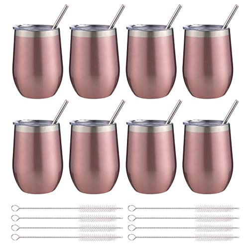 12 oz Insulated Wine Tumbler with Lid and Straw,Stainless Steel Stemless Wine Tumbler Glasses Double Wall Vacuum Wine Cups Tumbler Bulk for Champaign,Cocktail,Office(Rose Gold,8)