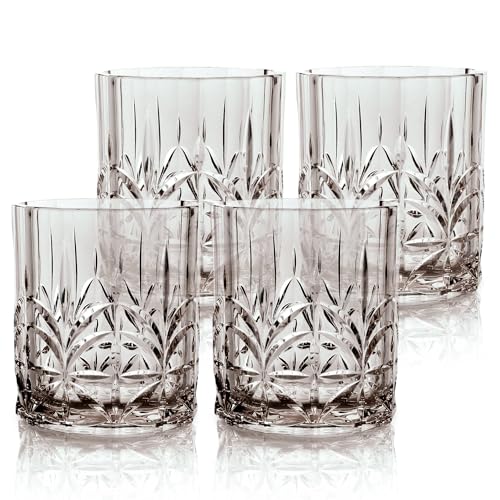 BELLAFORTE Shatterproof Tritan Plastic Short Tumbler, Set of 4, 13oz - Myrtle Beach Unbreakable Crystal Cut Old Fashioned Drinking Glasses for Whiskey - BPA Free - Dishwasher Safe - Grey