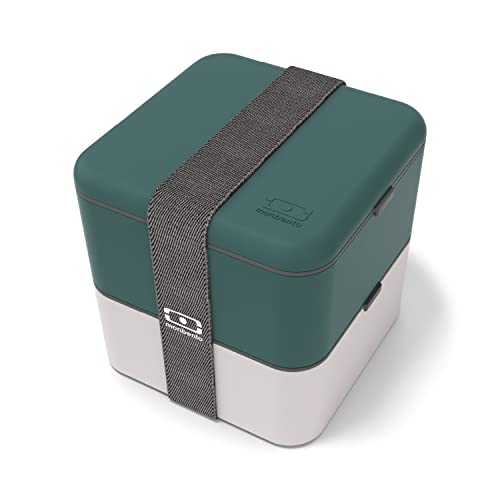 monbento - Large Bento Lunch Box MB Square green Pine/gray Coton with Compartments - Leakproof Lunch Box for Work/Picnic/Meal Prep - BPA Free  Microwave & Dishwasher Safe - Green & Gray
