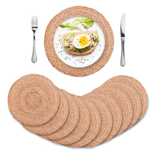 Round Jute Place mats Set of 10 for Dining Room -Woven Charger Plates for Dining Placemats- Woven Table Mats for Rustic Home Decor - Ideal Table Cloth and Runner Complement