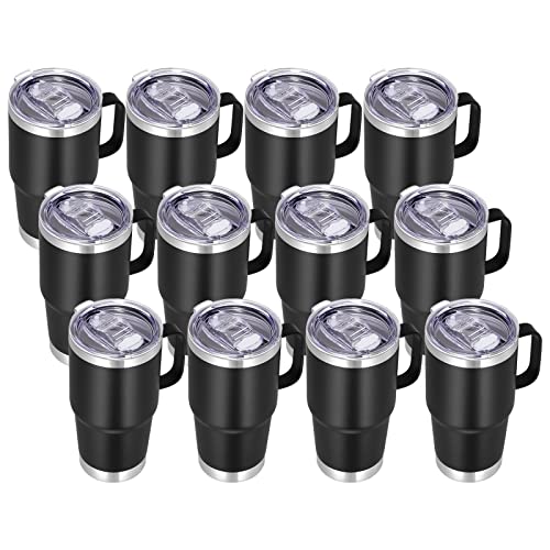 VEGOND 20 oz Tumbler Bulk with Handle Lid and Straw, Stainless Steel Insulated Travel Coffee Mug Set, Spill Proof Double Wall Metal Tumblers Cups, Powder Black 12 Pack