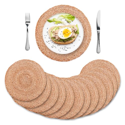 Jute Round Woven Placemats Set of 12, Natural 13 Inch Boho Farmhouse Rustic Hand Woven Place mat for Dining Table Decor, Wicker Chargers Heat Resistant Easy to Clean and Non-Slip Placemat