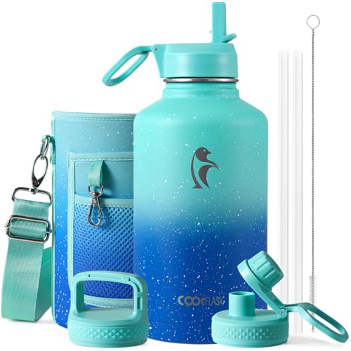 64 oz Water Bottle Insulated with Straw&3 Lids, Coolflask Half Gallon Water Jug Galaxy Large Metal Stainless Steel Vacuum Flask for Gym, Sports, Keep Cold 48H Hot 24H, Glacier Blue