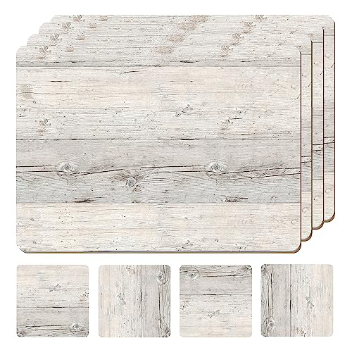 Set of 4 Heat Resistant Cork Placemats for Dining Table with Free Set of 4 Matching Drink Coasters Cork Wood Design Print 16 x 12 Inches Cork Backed Hard Placemats (White Driftwood)