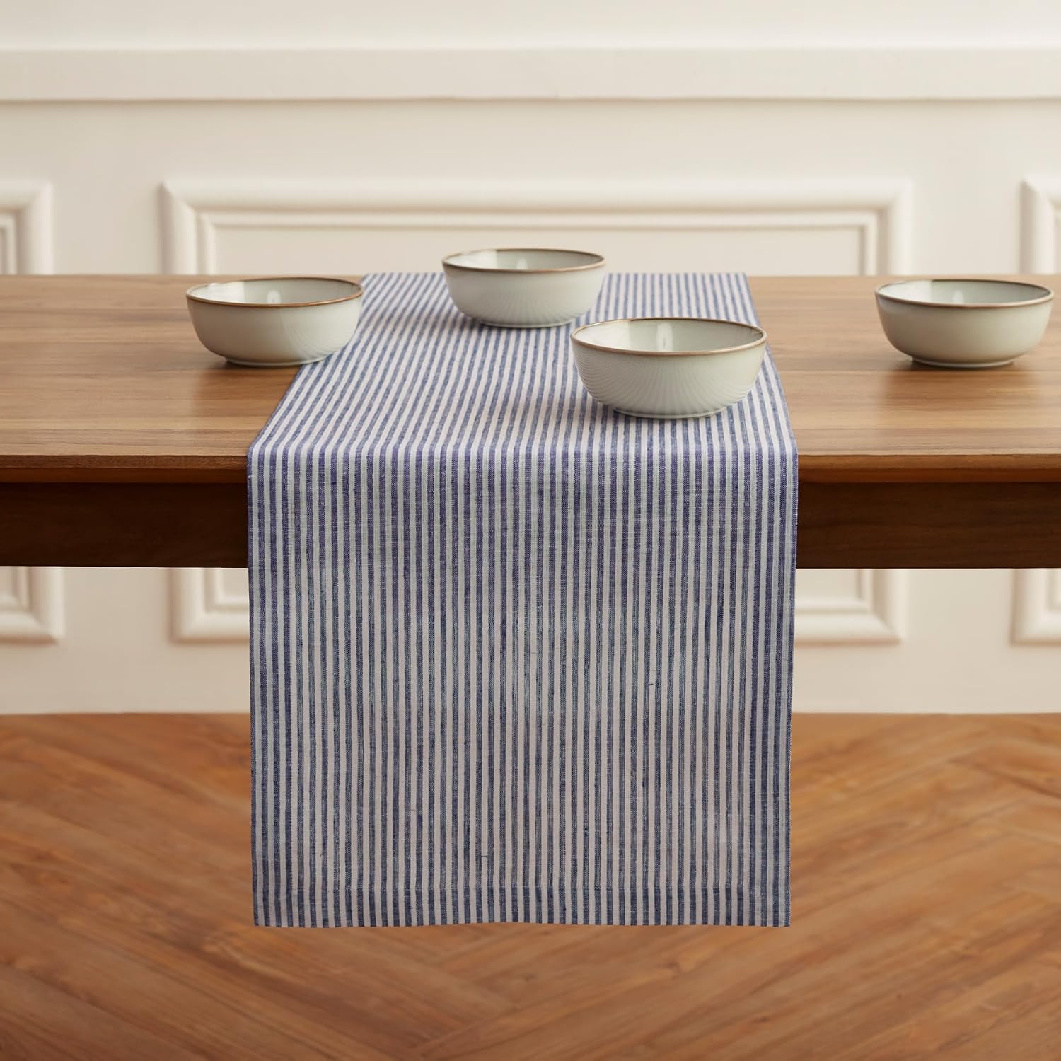 Solino Home Linen Table Runner 90 Inches Long - Narrow Stripe, 100% Pure Linen Navy and White Table Runner 14 x 90 Inch for Dining, Fall, Autumn, Thanksgiving, Christmas