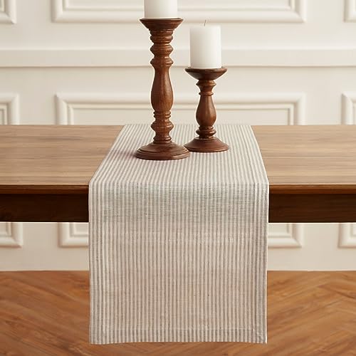 Solino Home Linen Table Runner 72 Inches Long - Narrow Stripe, 100% Pure Linen Natural and White Table Runner 14 x 72 Inch for Dining, Dresser, Fall, Halloween, Thanksgiving, Christmas, Holiday