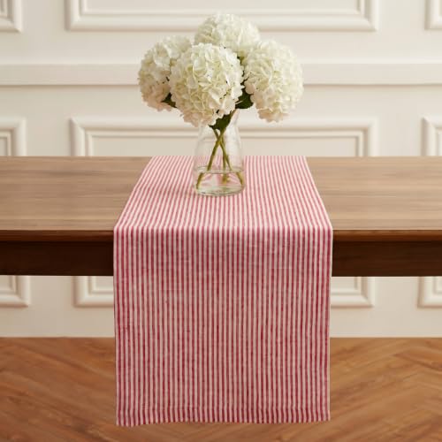 Solino Home Linen Table Runner 72 Inches Long - Narrow Stripe, 100% Pure Linen Red and White Table Runner 14 x 72 Inch for Dining, Dresser, Christmas, Holiday