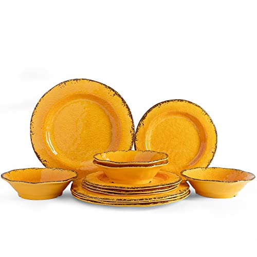 LEHAHA Melamine Dinnerware Sets, Outdoor Use Harvest Dinner Plates and Bowls Sets, Great for RVs Camping, Light Weight and Unbreakable 12 Piece Dishes Dinnerware Set for 4, (Gold)