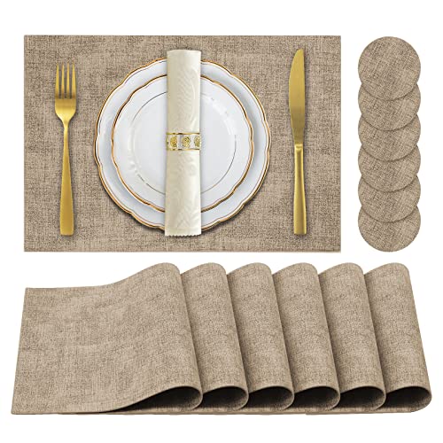 Faux Leather Placemats Set of 6,Heat Resistant Placemats for Dining Table, Easy Clean Non-Slip Place Mats, Waterproof Stain Resistant Wipeable Washable PU Table Mats, (Light Brown)