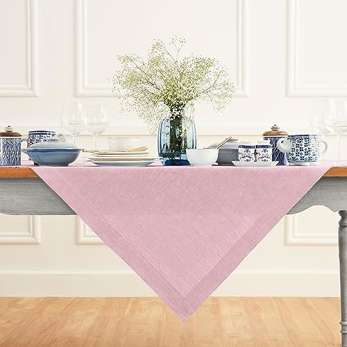 Solino Home Linen Tablecloth 52 x 52 Inch - 100% Pure Linen Square Table Throw - Athena, Machine Washable Bubblegum Pink Tablecloth for Halloween