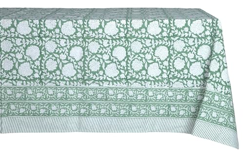 ATOSII Shalimar Green 100% Cotton Rectangle Fall Tablecloth, Handblock Floral Table Cloth Linen for Kitchen Dining I Parties Wedding Outdoors Christmas Thanksgiving I Fall Home Decor 60 X 90 Inches