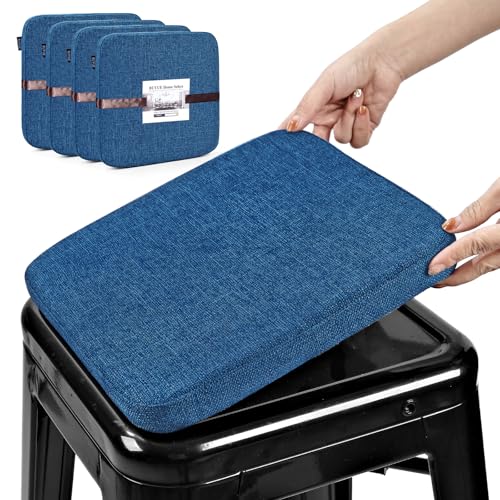 BUYUE Natural Linen Magnetic Bar Stool Cushions Set of 4, Enhanced Anti-Slip Breathable Small Chair Seat Pads for Cafe Bistro Stackable Metal Stools (Square, Dark Blue, 4 Counts)