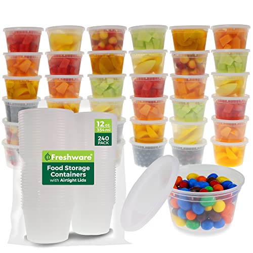 Freshware Food Storage Containers [240 Set] 12 oz Plastic Deli Containers with Lids, Slime, Soup, Meal Prep Containers, BPA Free, Stackable, Leakproof, Microwave, Dishwasher and Freezer Safe