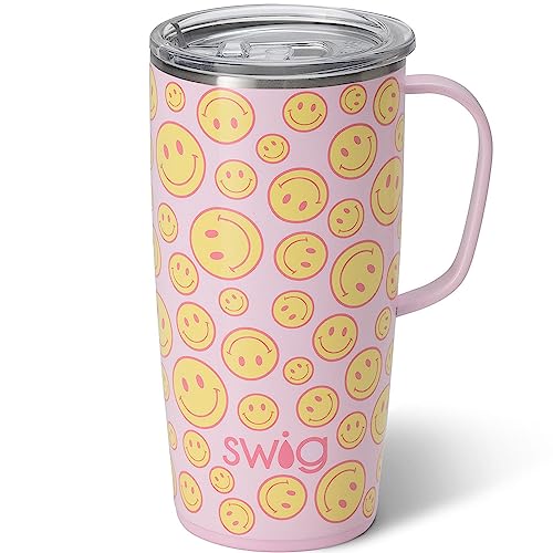 Swig Life 22oz Travel Mug, Insulated Tumbler with Handle and Lid, Cup Holder Friendly, Dishwasher Safe, Stainless Steel, Travel Coffee Cup, Insulated Mug with Lid (Oh Happy Day)