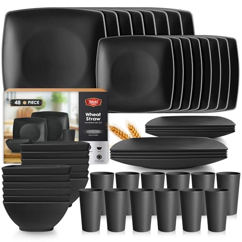 Teivio 48-piece Kitchen Plastic Wheat Straw Square Dinnerware Set for 12, Unbreakable Dinner Plates, Salad Plates, Snack Bowls, Tumblers 13.5 oz, Dishwasher Safe, Outdoor Camping Dish,Black