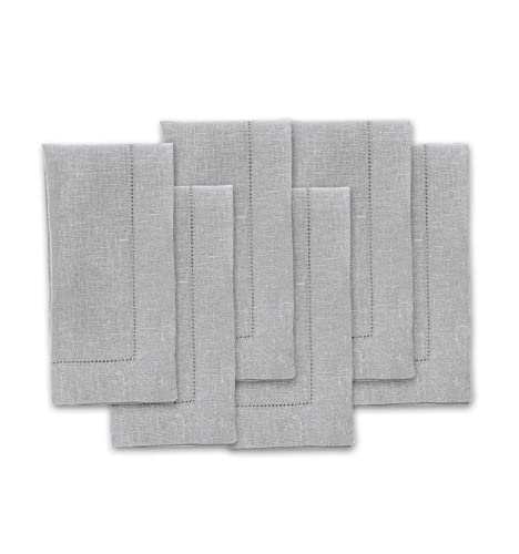 Solino Home Linen Napkins Set of 6 - Classic Hemstitch 100% Pure Linen Soft Grey Dinner Napkins Cloth 20 x 20 Inch for Fall, Autumn, Thanksgiving, Christmas - Handcrafted and Machine Washable