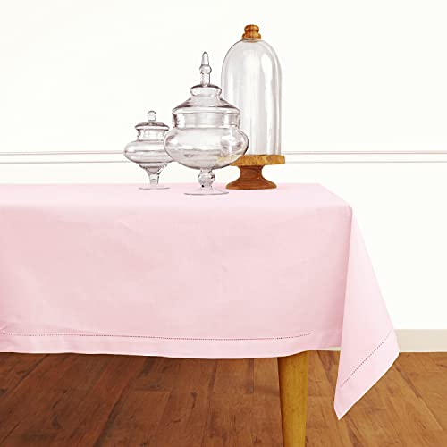 Solino Home Pink Tablecloth 54 x 72 Inch - Cotton Linen Hemstitch Rectangular Tablecloth - Machine Washable Table Cloth for Fall, Autumn, Thanksgiving, Christmas