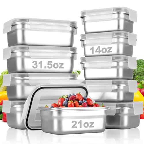 10 PC Square 304 Stainless Steel Food Containers with Lids, Airtight Bento Lunch Box, Metal Meal Prep Food Containers Reusable Stackable | Nestable Oven/Dishwsher/Freezer Safe
