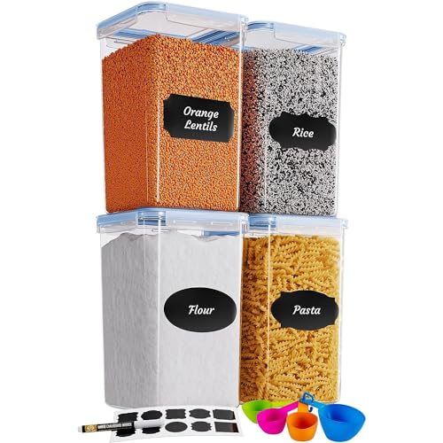 Chef's Path Extra Large Airtight Food Storage Containers with Blue Lid Color, Pack of 6, Kitchen and Pantry Canisters for Flour, Sugar, and Baking Supplies, Includes Measuring Spoons, Labels, and Pen