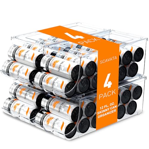 4 Pack Skinny Can Organizer for Refrigerator, Stackable Tall Skinny Soda Pop Can Holder Dispenser with Lid for Fridge Pantry Rack Freezer, Clear Plastic Storage Bins-Holds 12 Slim Cans Each